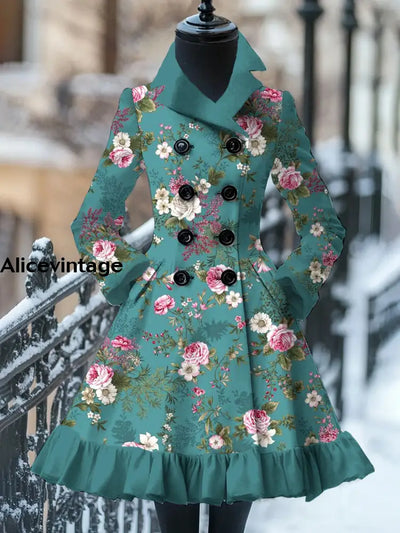 Floral Print Vintage Elegant Stand-Up Collar Long Sleeve Coat Dress A / S