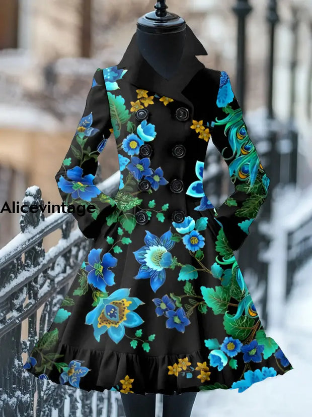 Floral Print Vintage Elegant Stand-Up Collar Long Sleeve Coat Dress A / S