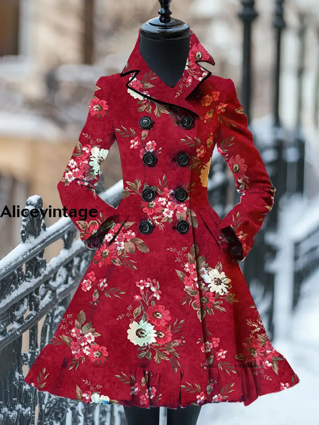 Floral Print Vintage Elegant Stand-Up Collar Long Sleeve Coat Dress A / S