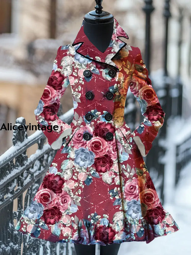 Floral Print Vintage Elegant Stand-Up Collar Long Sleeve Coat Dress A / S