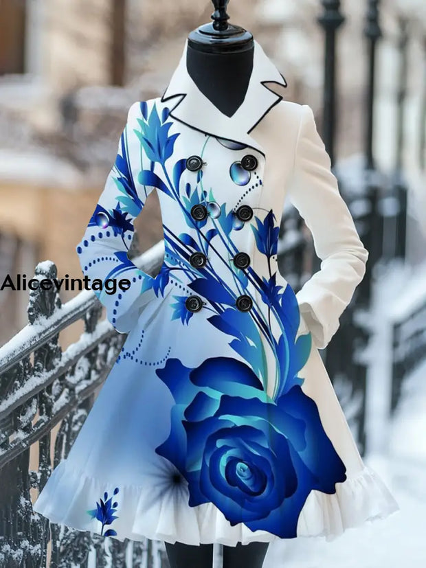 Floral Print Vintage Elegant Stand-Up Collar Long Sleeve Coat Dress A / S