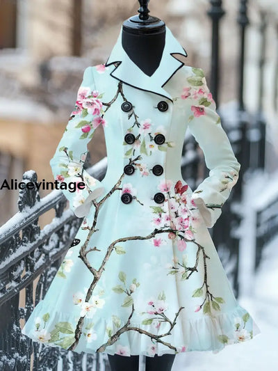 Floral Print Vintage Elegant Stand-Up Collar Long Sleeve Coat Dress A / S