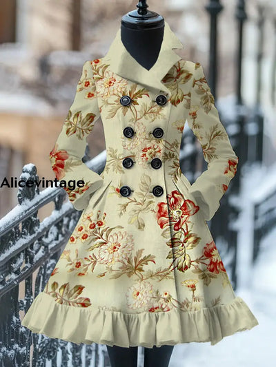 Floral Print Vintage Elegant Stand-Up Collar Long Sleeve Coat Dress A / S