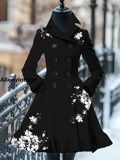 Floral Print Vintage Elegant Stand-Up Collar Long Sleeve Coat Dress A / S