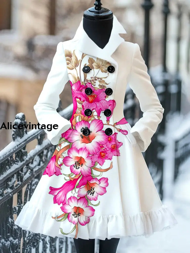 Floral Print Vintage Elegant Stand-Up Collar Long Sleeve Coat Dress A / S