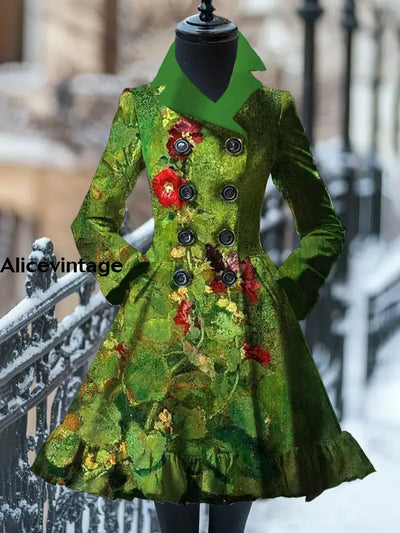 Floral Print Vintage Elegant Stand-Up Collar Long Sleeve Coat Dress A / S