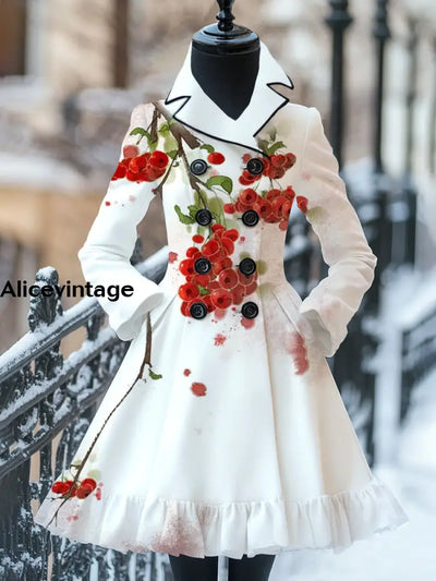 Floral Print Vintage Elegant Stand-Up Collar Long Sleeve Coat Dress A / S