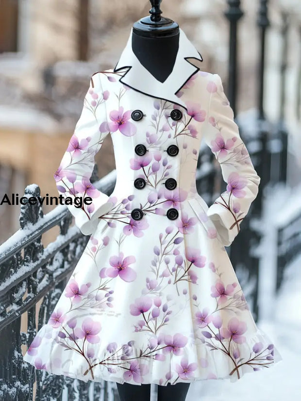 Floral Print Vintage Elegant Stand-Up Collar Long Sleeve Coat Dress A / S