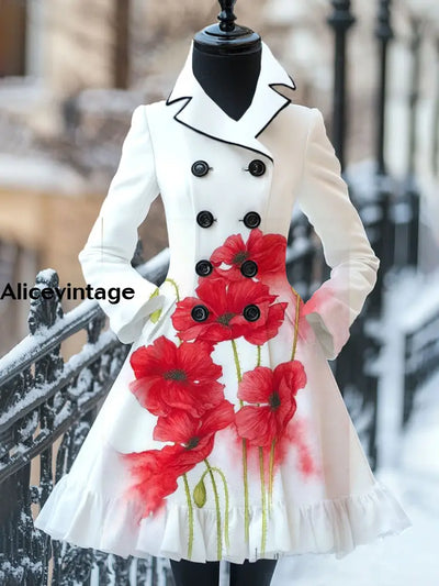 Floral Print Vintage Elegant Stand-Up Collar Long Sleeve Coat Dress A / S