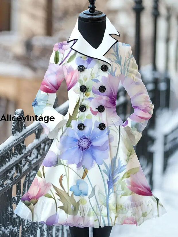 Floral Print Vintage Elegant Stand-Up Collar Long Sleeve Coat Dress A / S