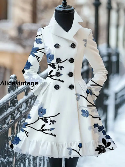 Floral Print Vintage Elegant Stand-Up Collar Long Sleeve Coat Dress A / S