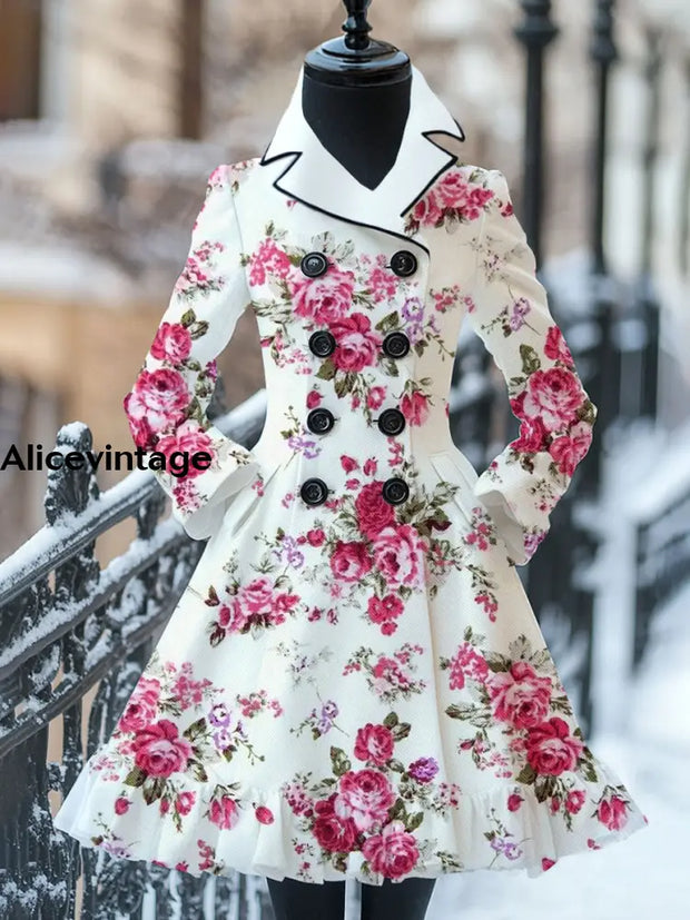 Floral Print Vintage Elegant Stand-Up Collar Long Sleeve Coat Dress A / S