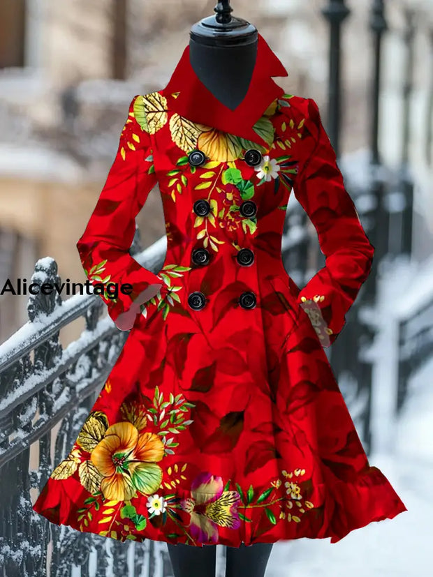 Floral Print Vintage Elegant Stand-Up Collar Long Sleeve Coat Dress A / S