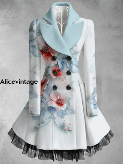 Floral Print Vintage Elegant V-Neck Button Up Long Sleeve Coat Dress