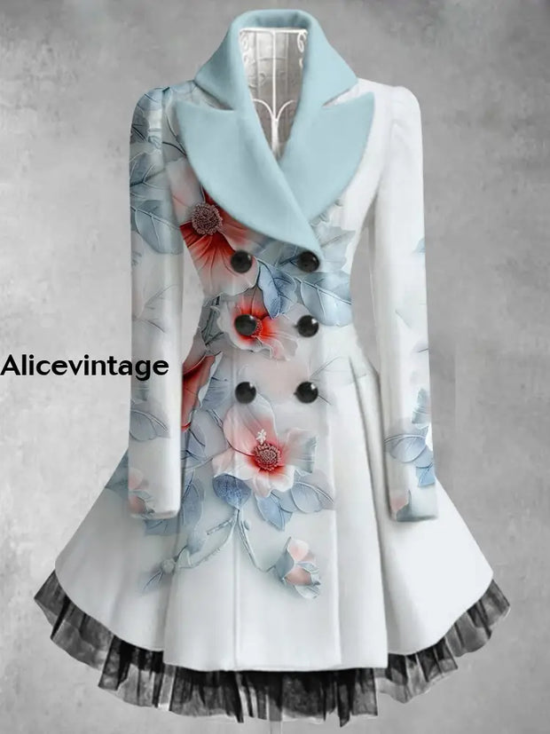 Floral Print Vintage Elegant V-Neck Button Up Long Sleeve Coat Dress