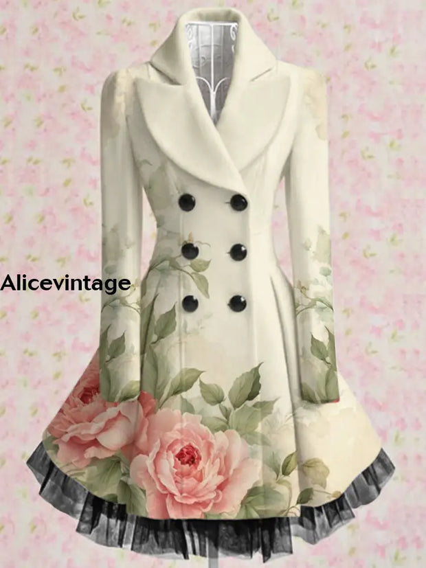 Floral Print Vintage Elegant V-Neck Button Up Long Sleeve Coat Dress