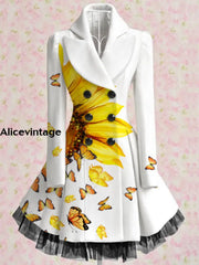 Floral Print Vintage Elegant V-Neck Button Up Long Sleeve Coat Dress