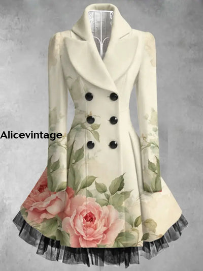 Floral Print Vintage Elegant V-Neck Button Up Long Sleeve Coat Dress