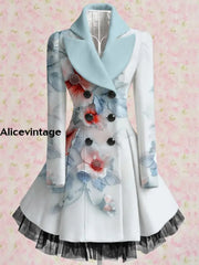 Floral Print Vintage Elegant V-Neck Button Up Long Sleeve Coat Dress