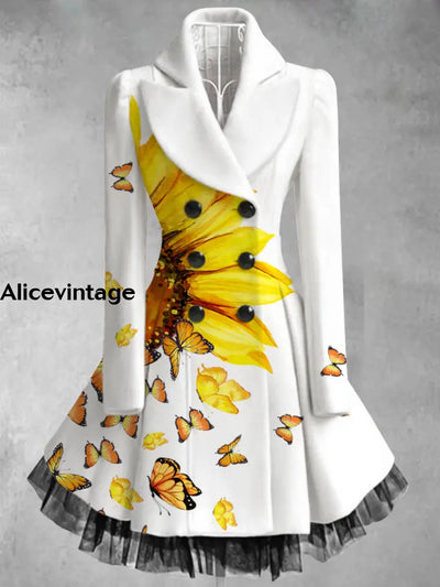 Floral Print Vintage Elegant V-Neck Button Up Long Sleeve Coat Dress