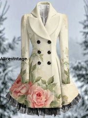 Floral Print Vintage Elegant V-Neck Button Up Long Sleeve Coat Dress A / S