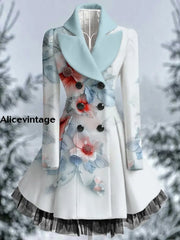 Floral Print Vintage Elegant V-Neck Button Up Long Sleeve Coat Dress A / S