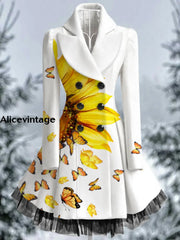 Floral Print Vintage Elegant V-Neck Button Up Long Sleeve Coat Dress A / S