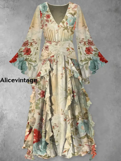 Floral Print Vintage Elegant V-Neck Chic Long Sleeve Maxi Dress A / S