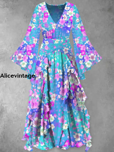 Floral Print Vintage Elegant V-Neck Chic Long Sleeve Maxi Dress A / S