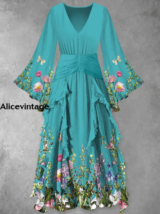 Floral Print Vintage Elegant V-Neck Chic Long Sleeve Maxi Dress A / S