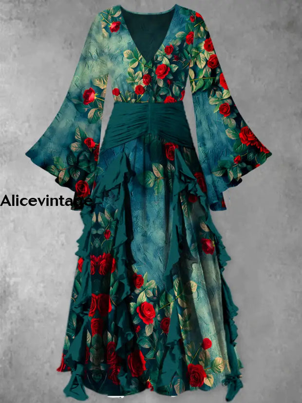 Floral Print Vintage Elegant V-Neck Chic Long Sleeve Maxi Dress A / S