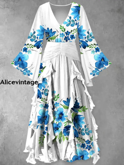 Floral Print Vintage Elegant V-Neck Chic Long Sleeve Maxi Dress A / S