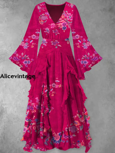 Floral Print Vintage Elegant V-Neck Chic Long Sleeve Maxi Dress A / S