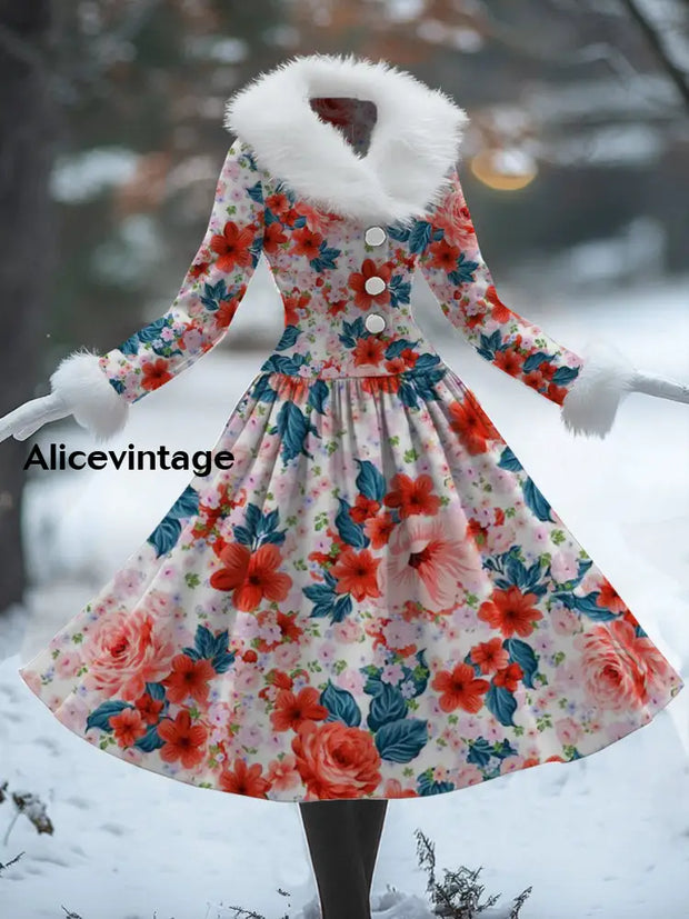 Floral Print Vintage Elegant V-Neck Fur Collar Long Sleeve Midi Dress A / S