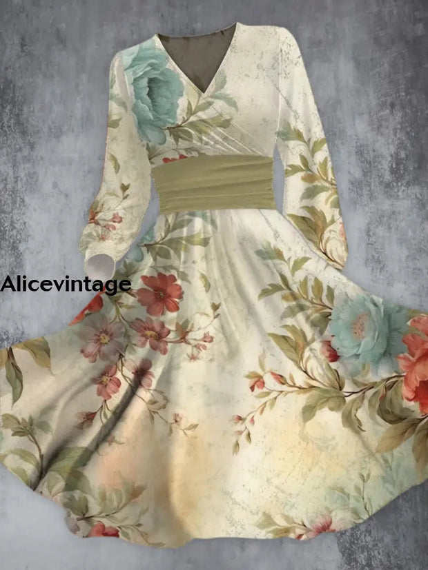 Floral Print Vintage Elegant V-Neck Long Sleeve Midi Dress A / S