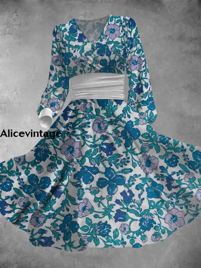 Floral Print Vintage Elegant V-Neck Long Sleeve Midi Dress A / S