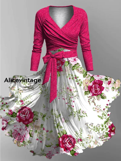 Floral Print Vintage Elegant V-Neck Long Sleeve Two-Piece Midi Dress A / S