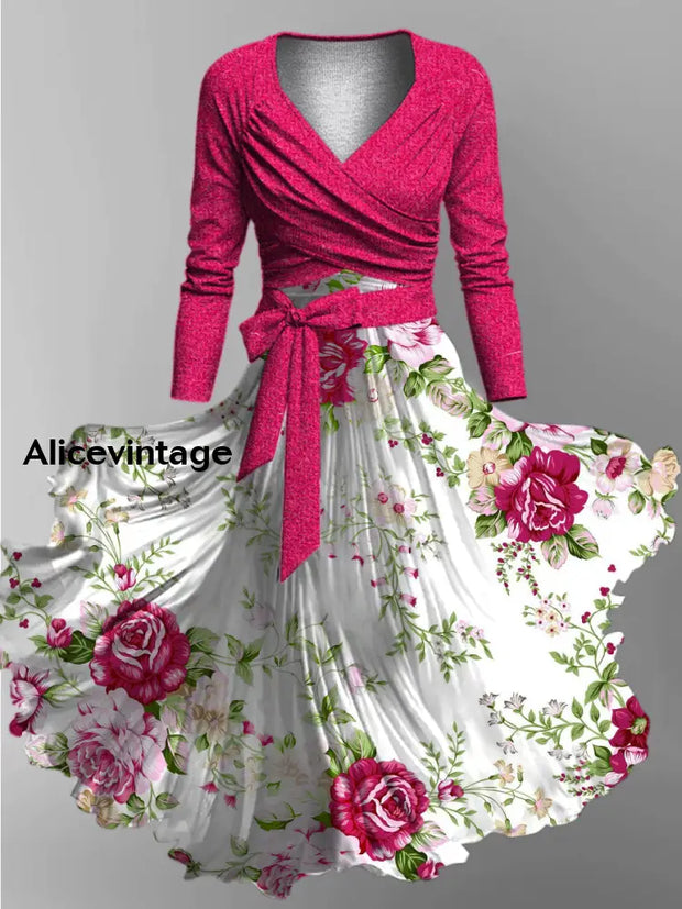 Floral Print Vintage Elegant V-Neck Long Sleeve Two-Piece Midi Dress A / S