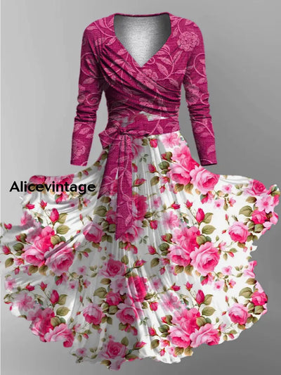 Floral Print Vintage Elegant V-Neck Long Sleeve Two-Piece Midi Dress A / S