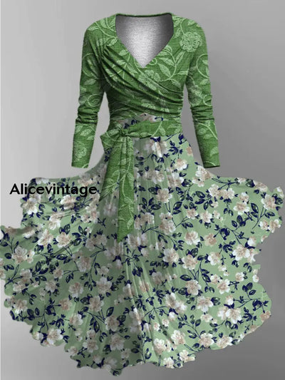 Floral Print Vintage Elegant V-Neck Long Sleeve Two-Piece Midi Dress A / S