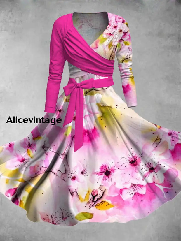 Floral Print Vintage Elegant V-Neck Long Sleeve Two-Piece Midi Dress A / S