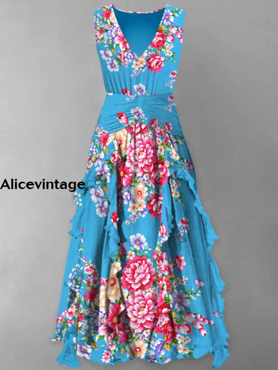 Floral Print Vintage V-Neck Elegant Chic Sleeveless Maxi Dress A / S