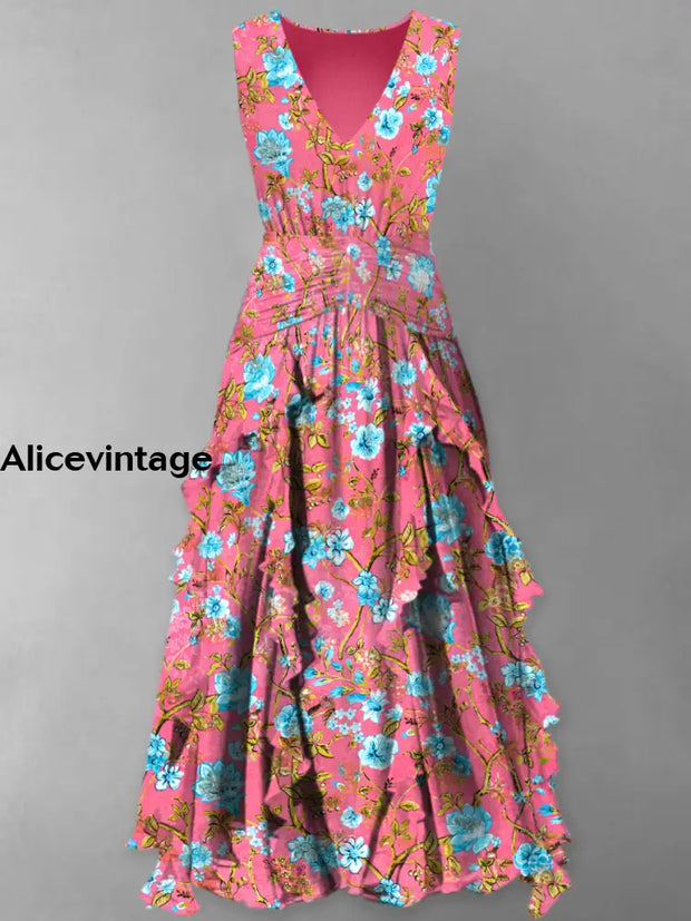 Floral Print Vintage V-Neck Elegant Chic Sleeveless Maxi Dress A / S