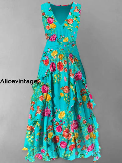 Floral Print Vintage V-Neck Elegant Chic Sleeveless Maxi Dress A / S