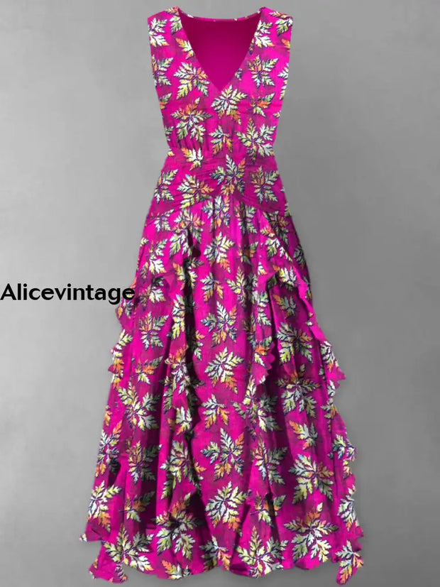 Floral Print Vintage V-Neck Elegant Chic Sleeveless Maxi Dress A / S