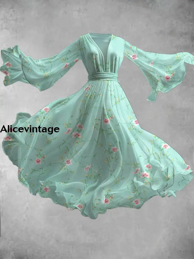 Floral Print Vintage V-Neck Long Sleeve Flowy Midi Dress A / S