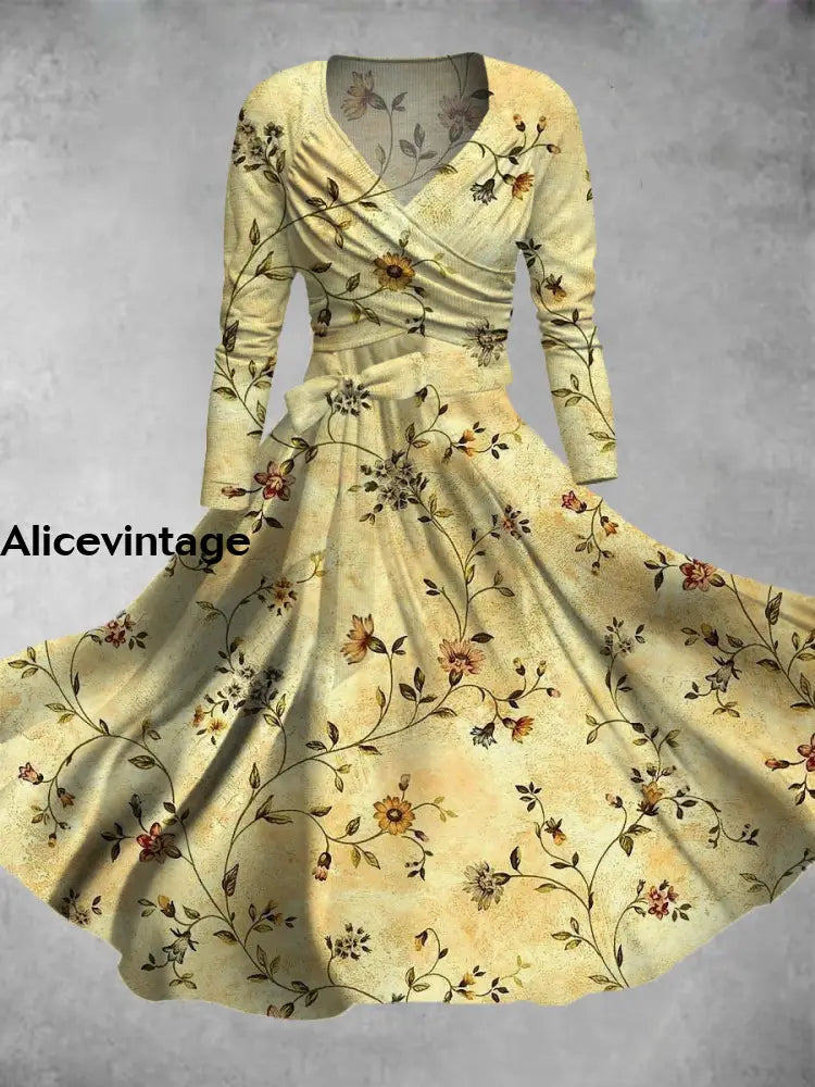Floral Print Vintage V-Neck Long Sleeve Two-Piece Midi Dress A / S