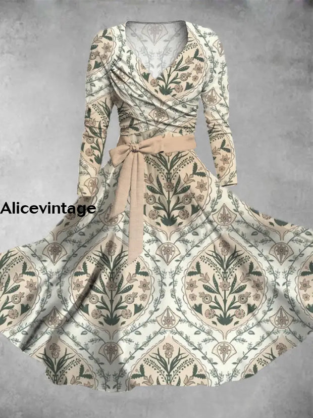 Floral Print Vintage V-Neck Long Sleeve Two Piece Midi Dress A / S