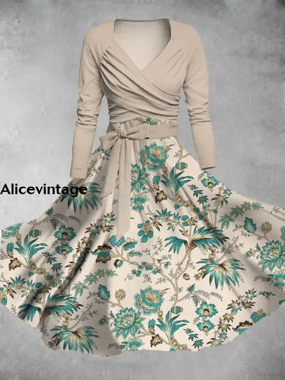 Floral Print Vintage V-Neck Long Sleeve Two Piece Midi Dress A / S