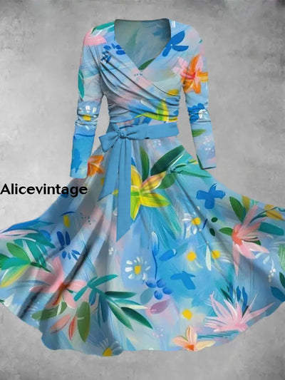 Floral Print Vintage V-Neck Long Sleeve Two Piece Midi Dress A / S